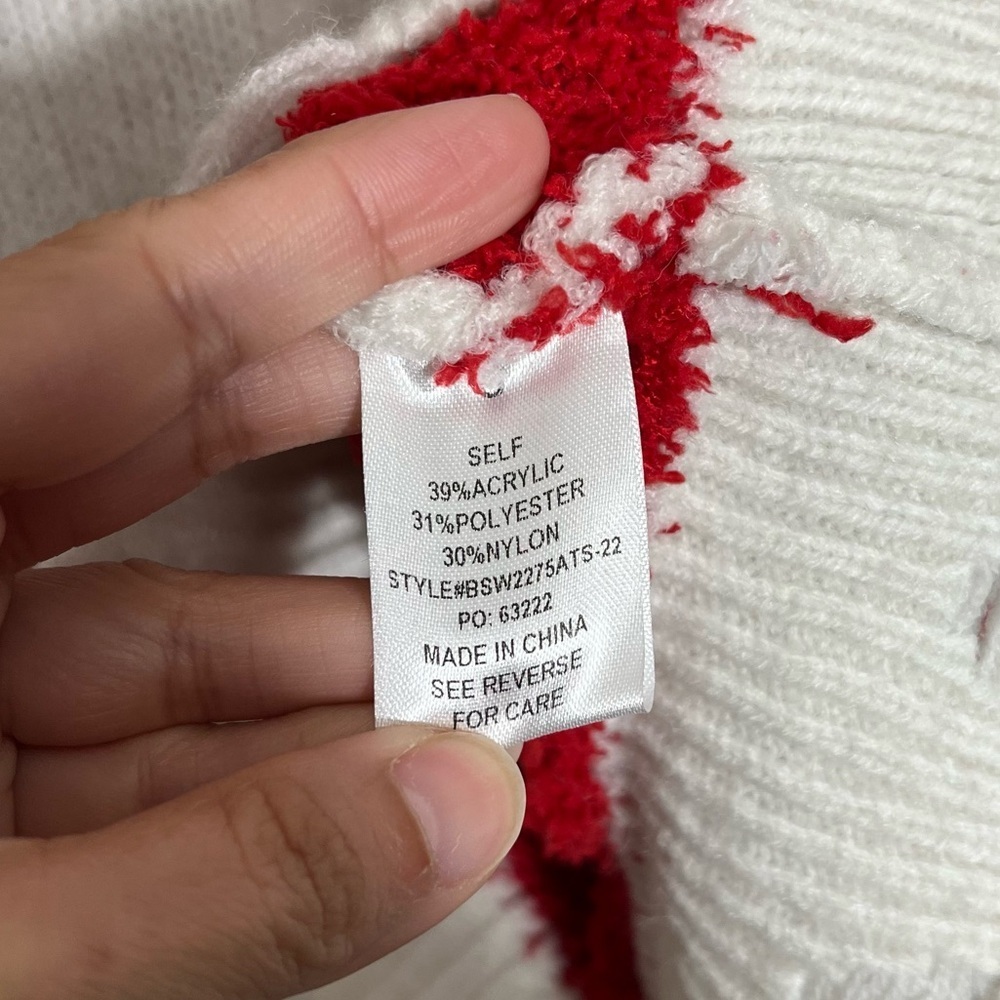 ALTAR’D STATE Cherry Print White V-Neck Distressed Sherpa Sweater | size small - Picture 7 of 10